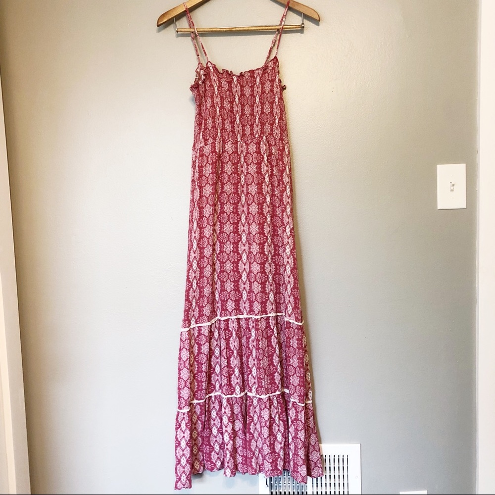 Red Maxi Dress Smocked & Tiered, Size M